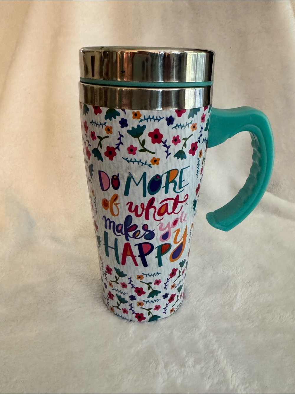 Travel Mug - Turquoise Handle Floral 'Do More of What Makes You Happy'